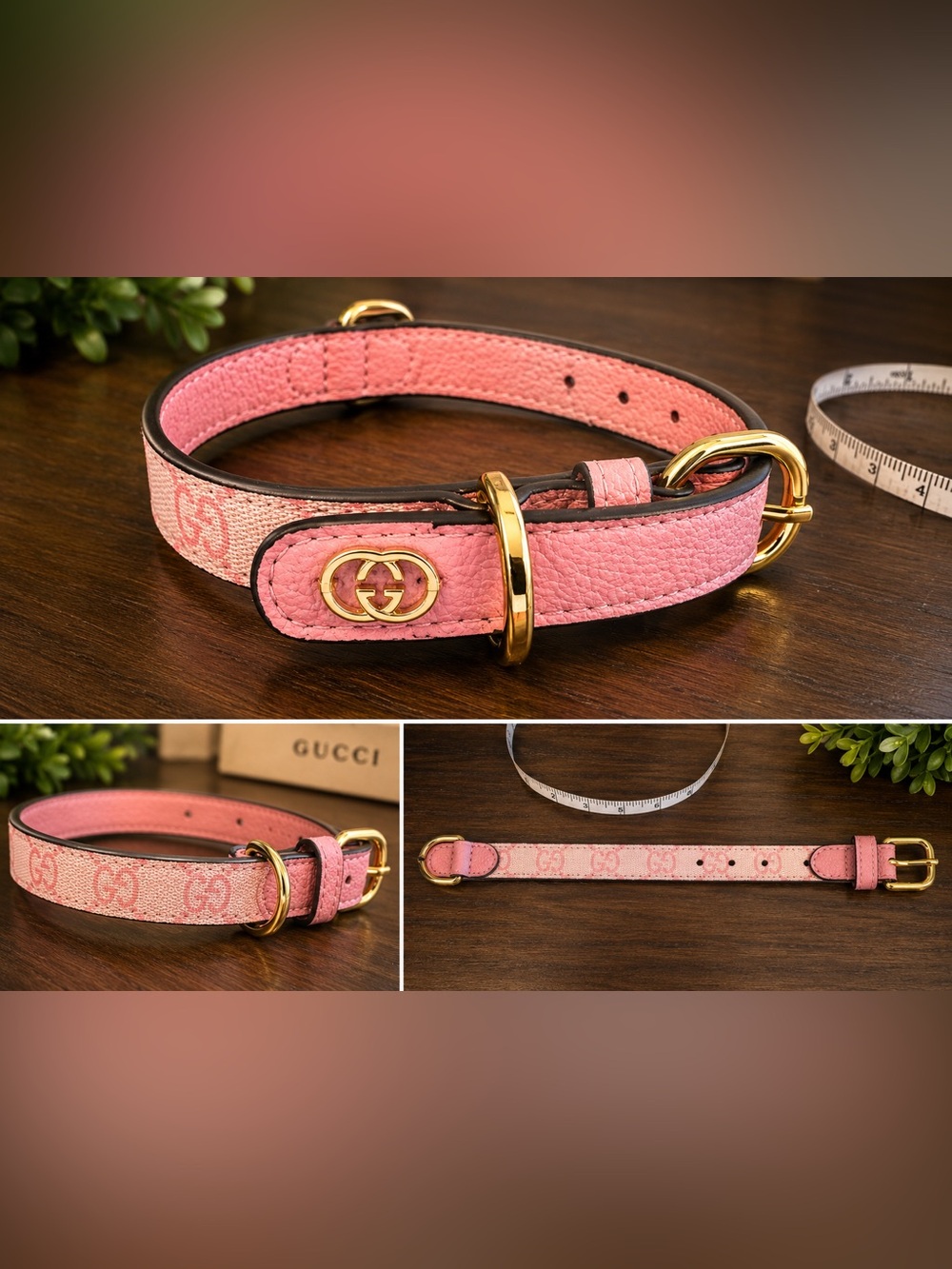 GG Pink Leather Logo Dog Collar with Gold Hardware 16’ long